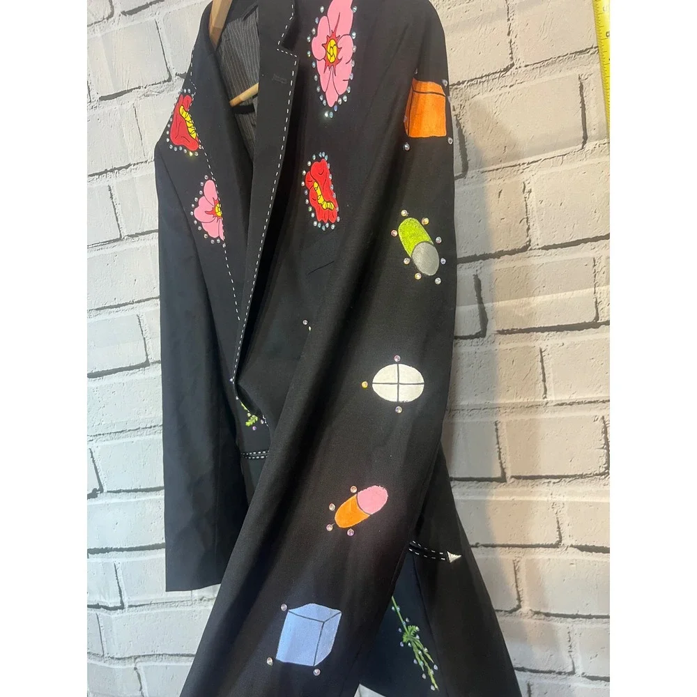 OOAK Hand Painted Wool Blazer 44R Rhinestone Cannabis Cross Wearable Art